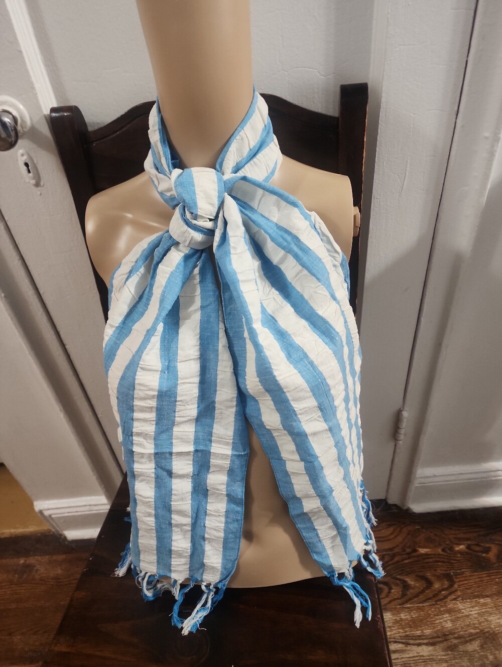 Vintage Liz Sinclair Turqoise/White Stripe Cotton Oblong Scarf Tassel Trim NWOT
